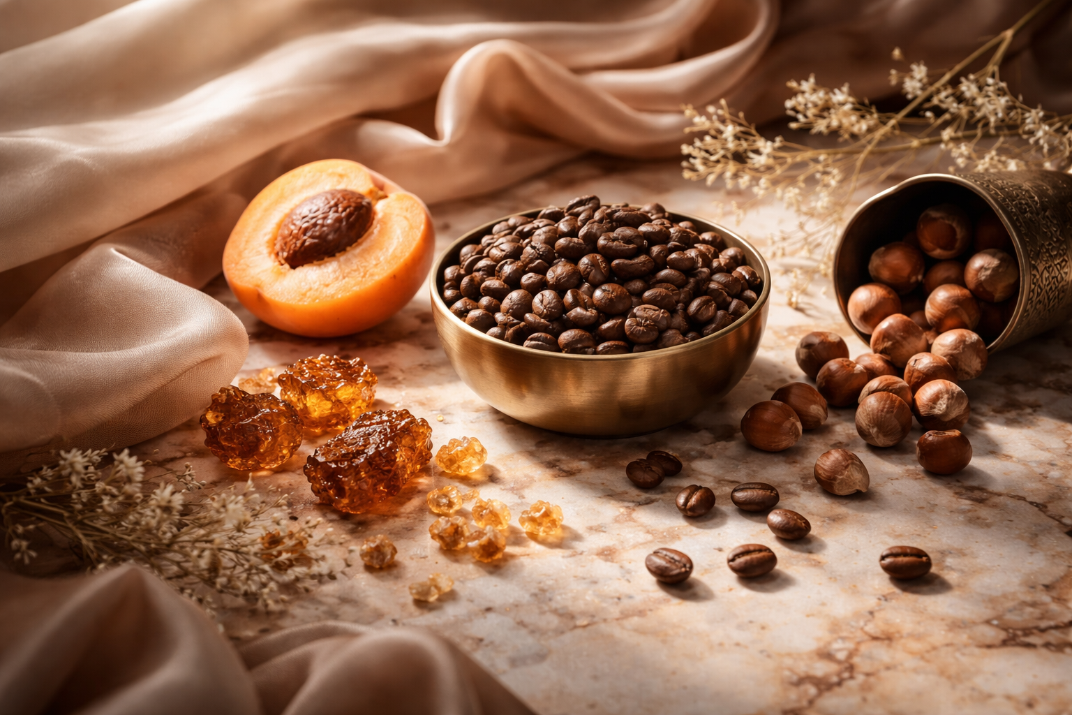 Nuts, apricot, and raisins on a textured surface with a soft focus background