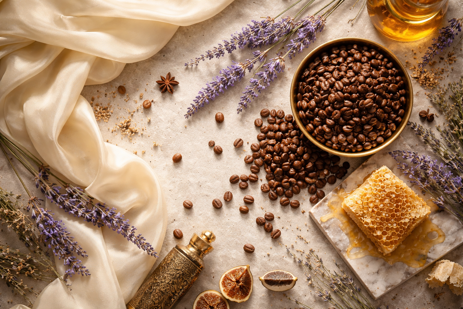 Decorative still life with coffee beans, lavender, and honeycomb on a textured surface.